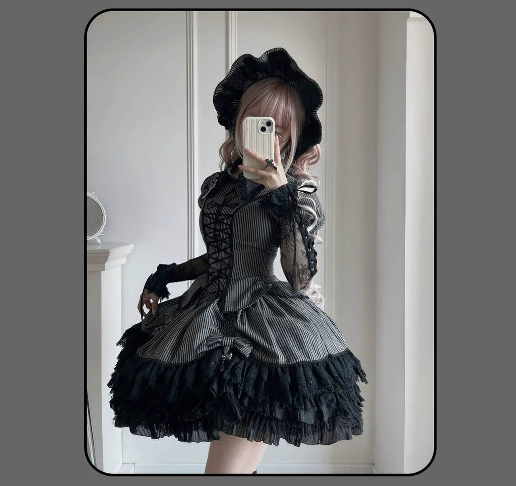 Striped Cross - Gothic Coordinated Lolita Set, Adjustable Blouse & Skirt - image 11
