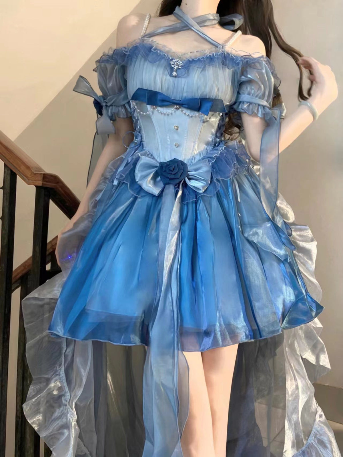 Elegant Gradient Dark Blue Lolita Prom Dress Set - image 4
