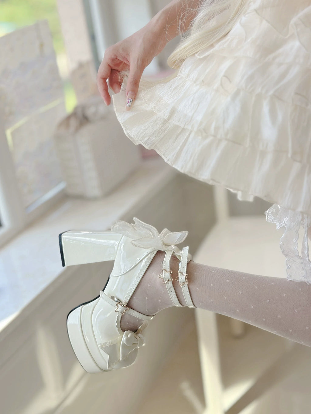 Puff Party - Elegant Lolita Chunky Heel Shoes with Bows and Straps - image 14