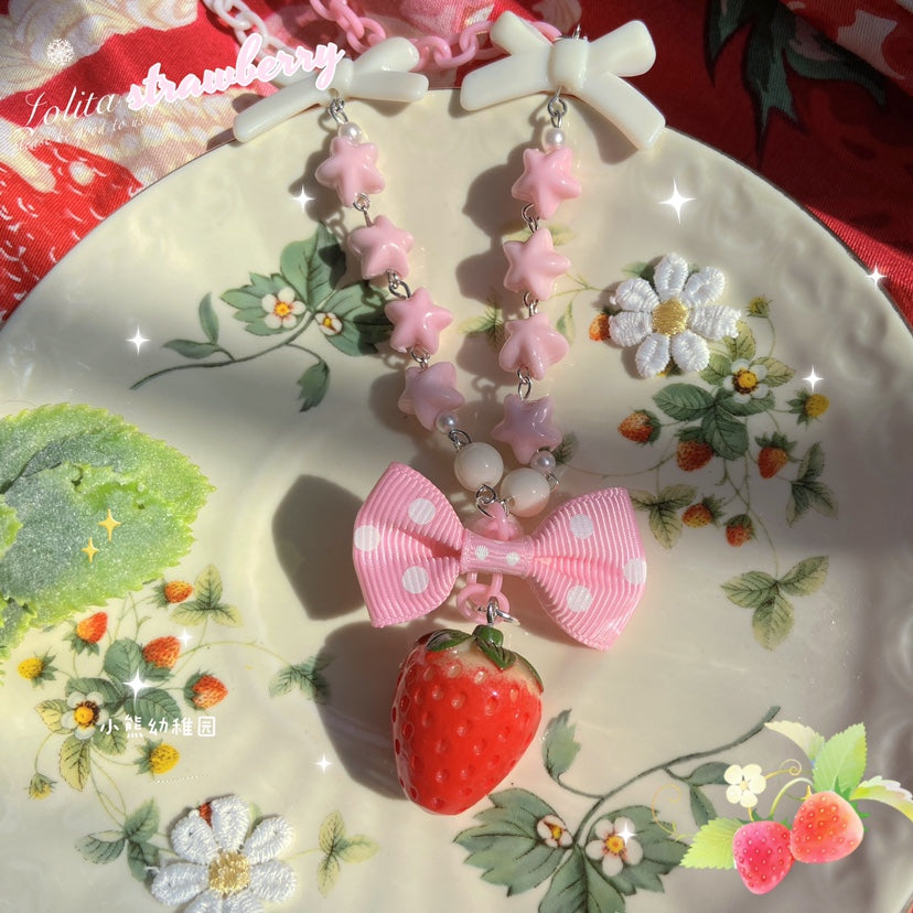 Sweet Lolita Strawberry Necklace Red Polka Dot Bow - image 3