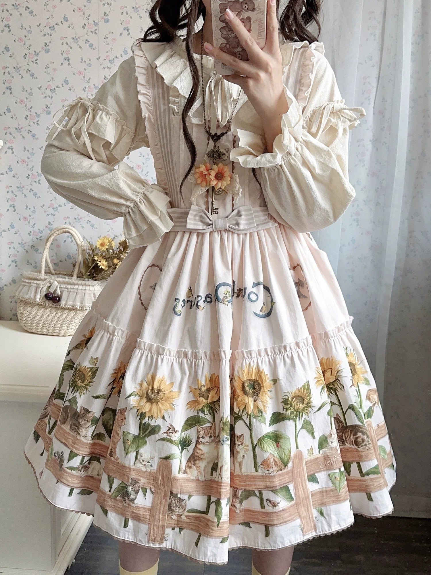 Cat and Sunflower - Sweet Lolita JSK, Cat and Sunflower Print - image 24