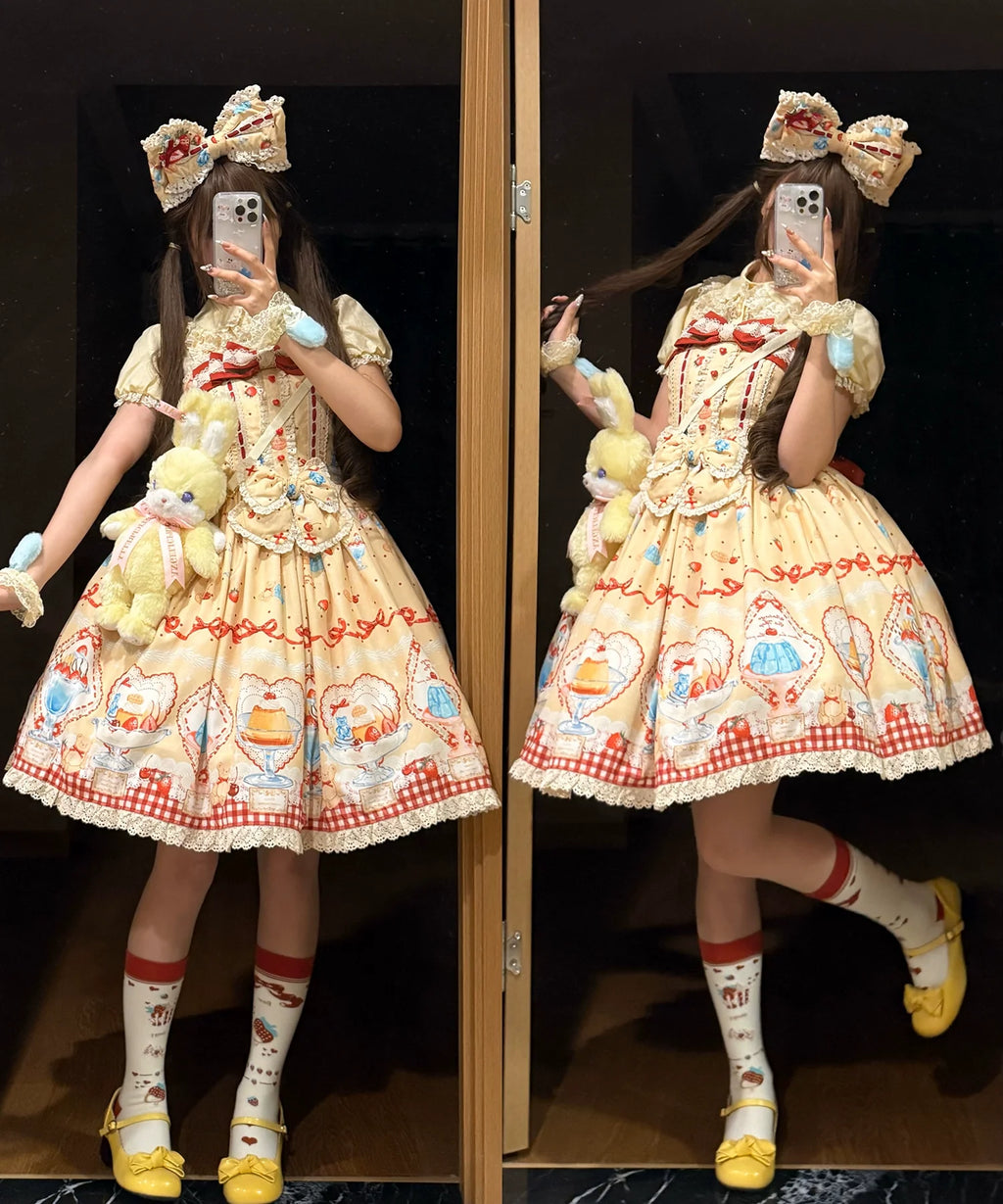 Showa Dessert Showcase - Kawaii Lolita JSK/Salopette Dress Suit, Pudding-Inspired - image 18