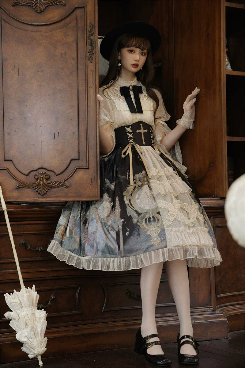 Clock Butterfly - Gothic Lolita Printed Blouse and Corset Skirt Set - image 26