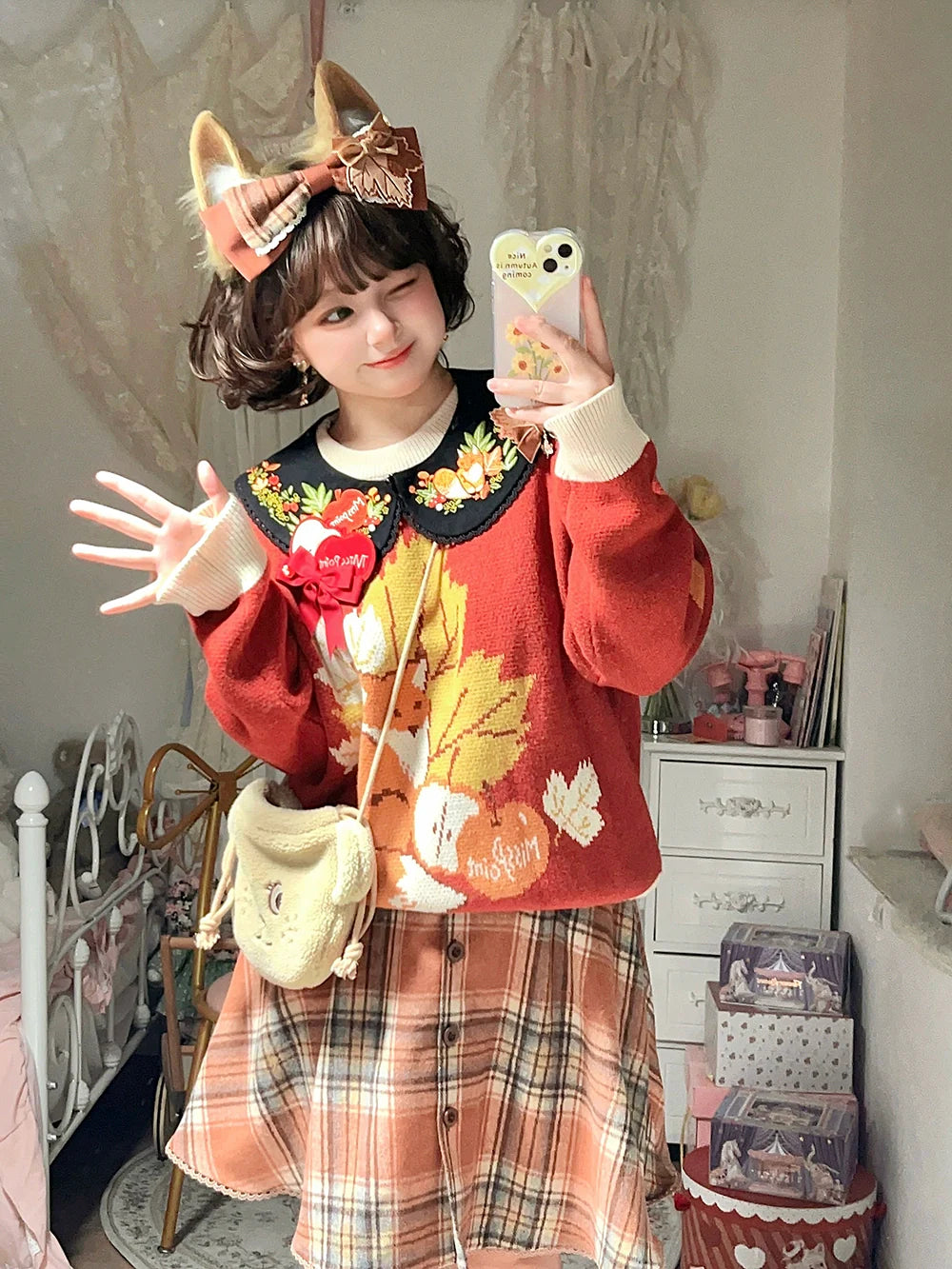 Chubby Fox in the Forest - Kawaii Lolita Accessories Knitted Fox Scarf Embroidered Faux Collar - image 7