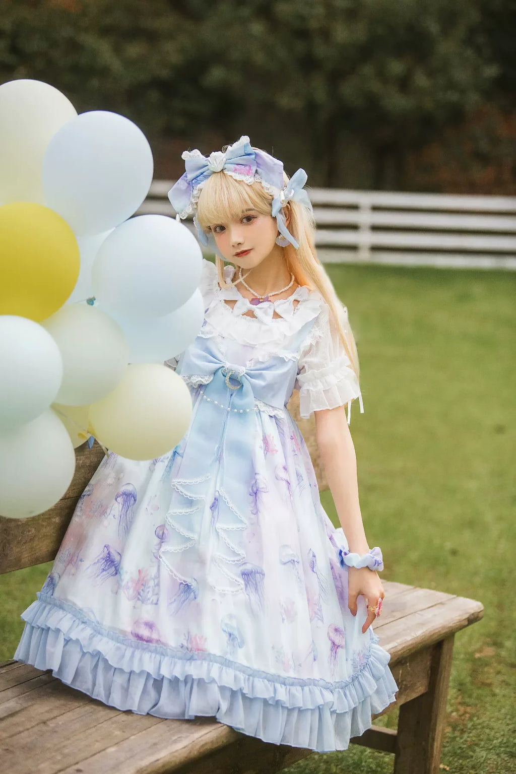 Coral Jellyfish - Sweet Lolita High-waist JSK Dress, Jellyfish & Coral Print and Accessories - image 13