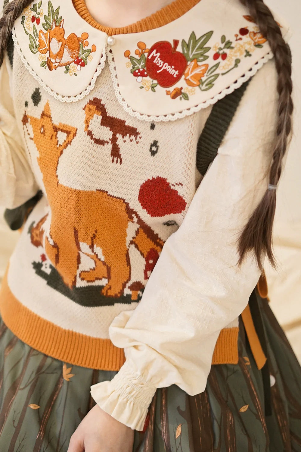 Chubby Fox in the Forest - Kawaii Lolita Accessories Knitted Fox Scarf Embroidered Faux Collar - image 11