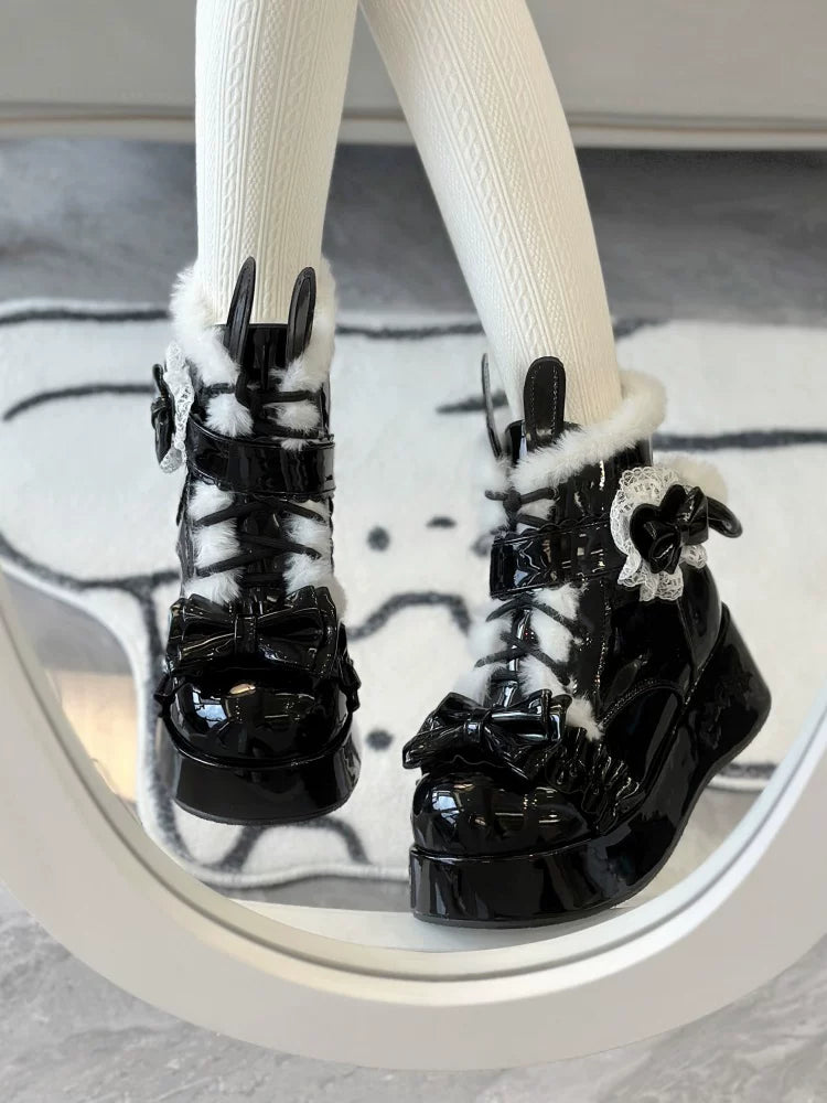 Bunny Tail - Fuzzy Kawaii Lolita Snow Boots, Detachable Plush Bow - image 4