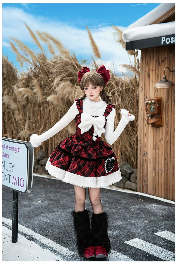 Snow Night Serenade - Fluffy Plaid Kawaii Lolita JSK, Reversible Cape and Accessories - image 8
