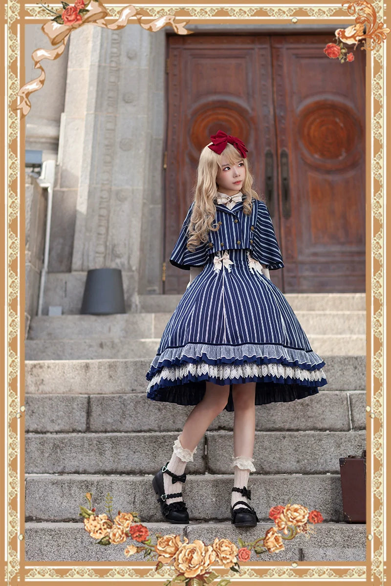 Elegant Lolita Stripe High-waist Jumper Dress Set and Cape - image 4