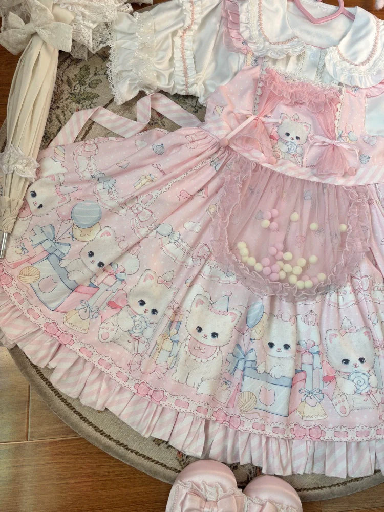 Meow Pompom - Sweet Lolita Salopette Dress Suit, Cat Print - image 22