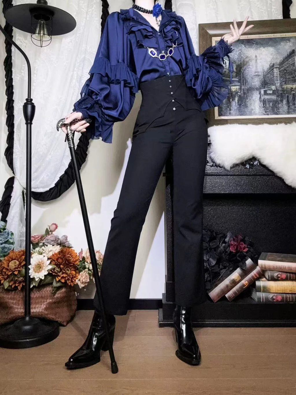Earl of Drooping Wings - Ouji Lolita Flared Pants, Batwing Decoration - image 10