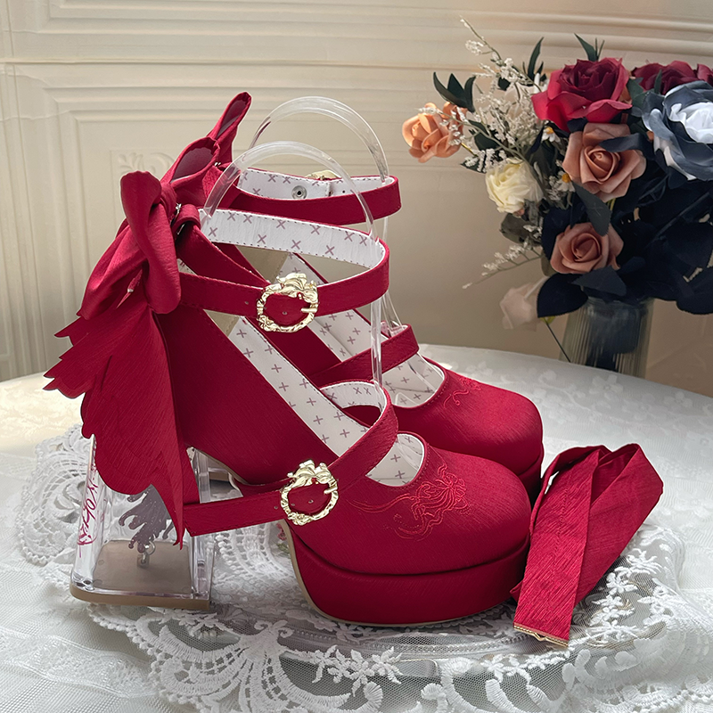 Floating Koi Land - Satin Classic Lolita Platform Shoes with Transparent Heel - image 35