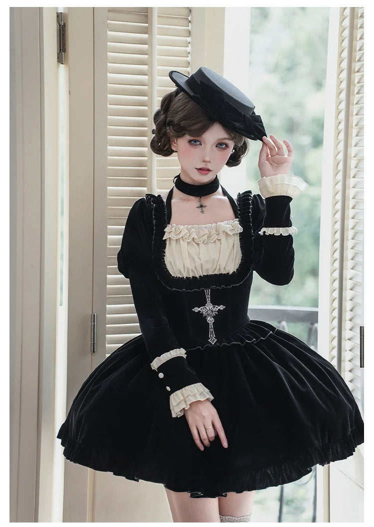 Apocalypse - Gothic Lolita Velvet OP Dress Set, Fishbone Waist - image 20