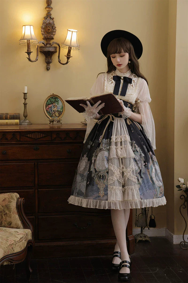 Clock Butterfly - Gothic Lolita Printed Blouse and Corset Skirt Set - image 11