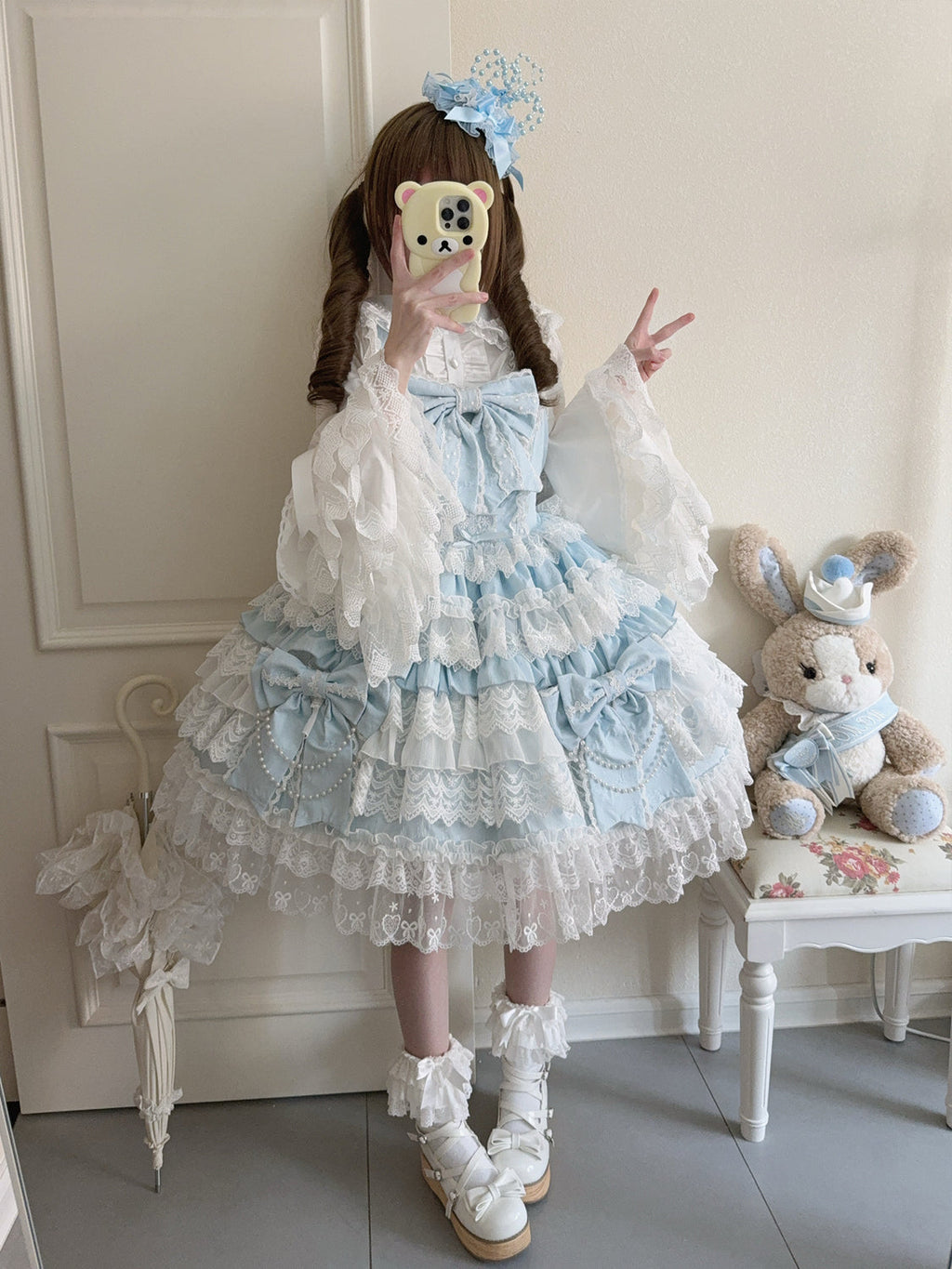 Cross Heart Knot - Sweet Lolita JSK Suit Tiered Ruffles Dress with Lace Blouse - image 5