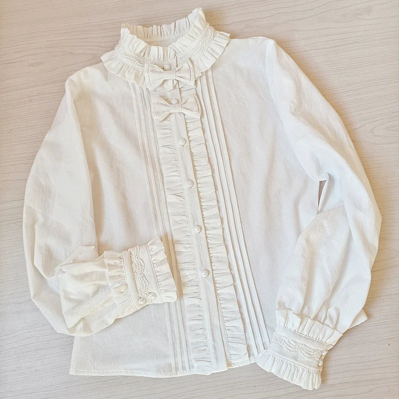 Winter Cotton Lolita Blouse White Long Sleeve Stand Collar Shirt - image 11