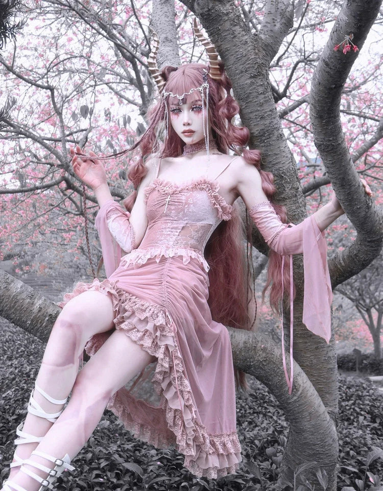 Sakura Nightmare - Pink Gothic Velvet Drawstring Dress - image 3