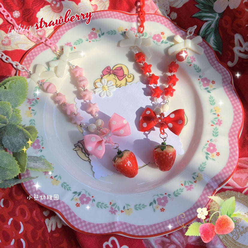 Sweet Lolita Strawberry Necklace Red Polka Dot Bow - image 1