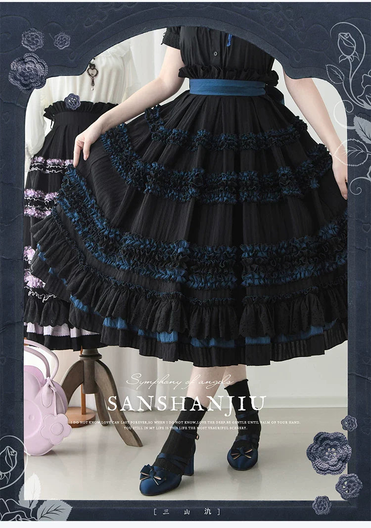 Wings and Bouquet - Dark Classic Lolita Blouse and SK Set, Layered Blue Ruffles - image 18