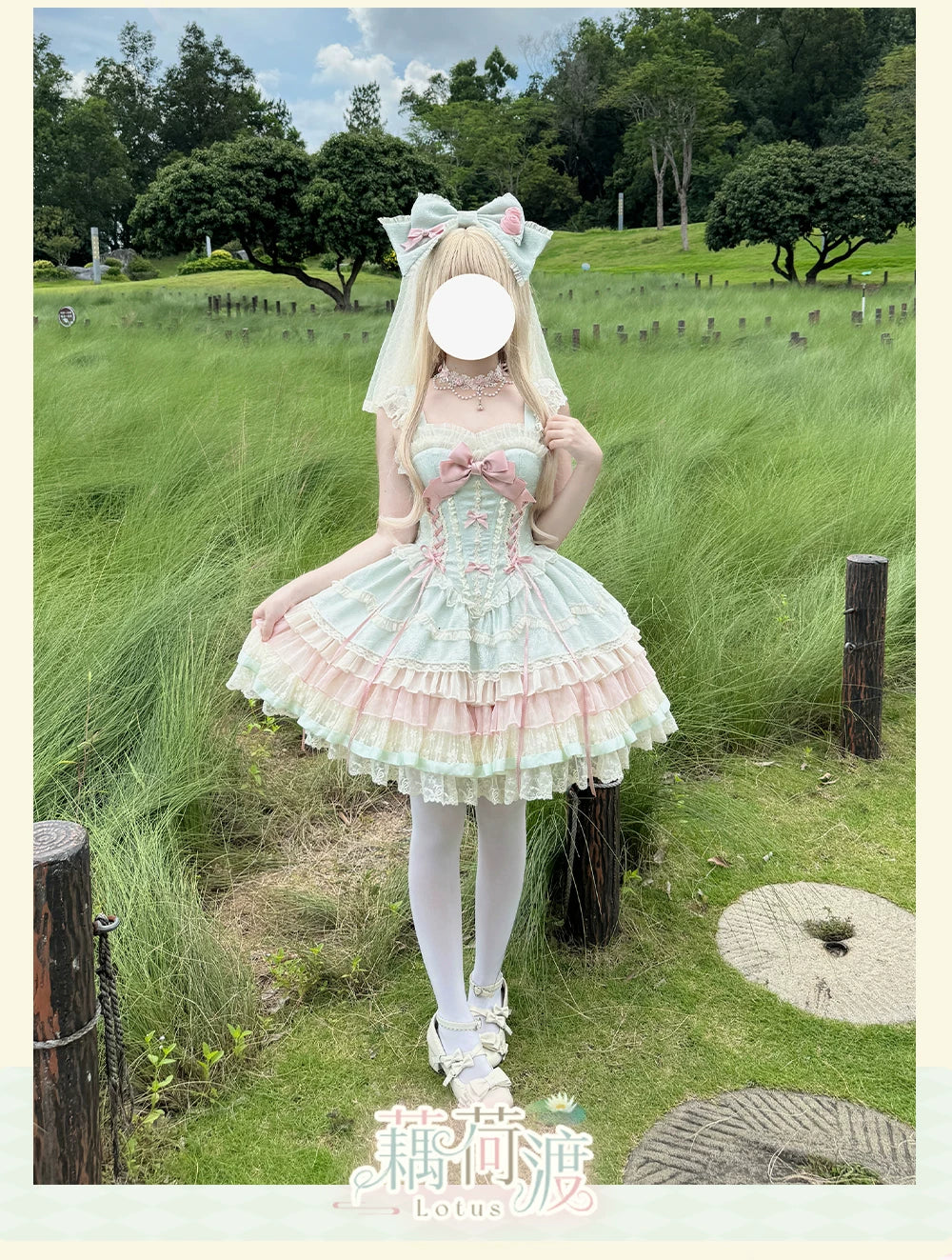 Lotus Crossing - Sweet Lolita Tiered Hem JSK Dress with Satin Bow and Accessories - image 10