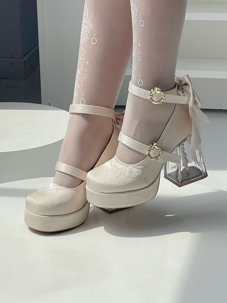 Floating Koi Land - Satin Classic Lolita Platform Shoes with Transparent Heel - image 5