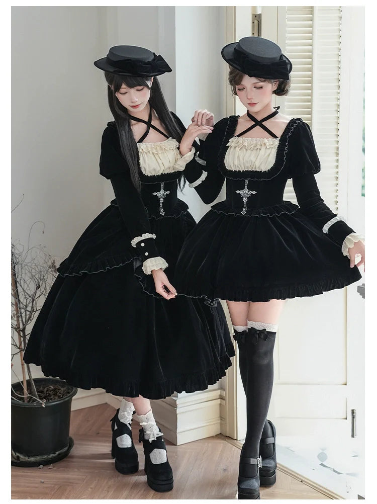 Apocalypse - Gothic Lolita Velvet OP Dress Set, Fishbone Waist - image 7