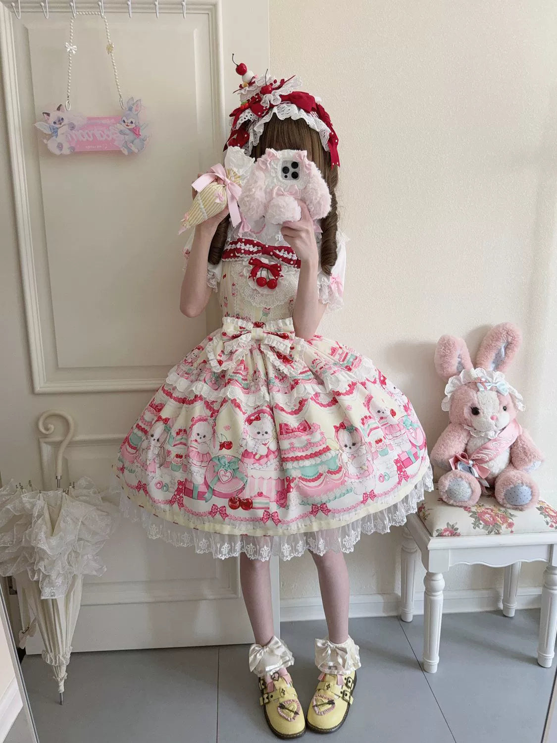 Cherry Bake Song - Kawaii Lolita JSK Dress With Dessert Print & Cherry Bow - image 3