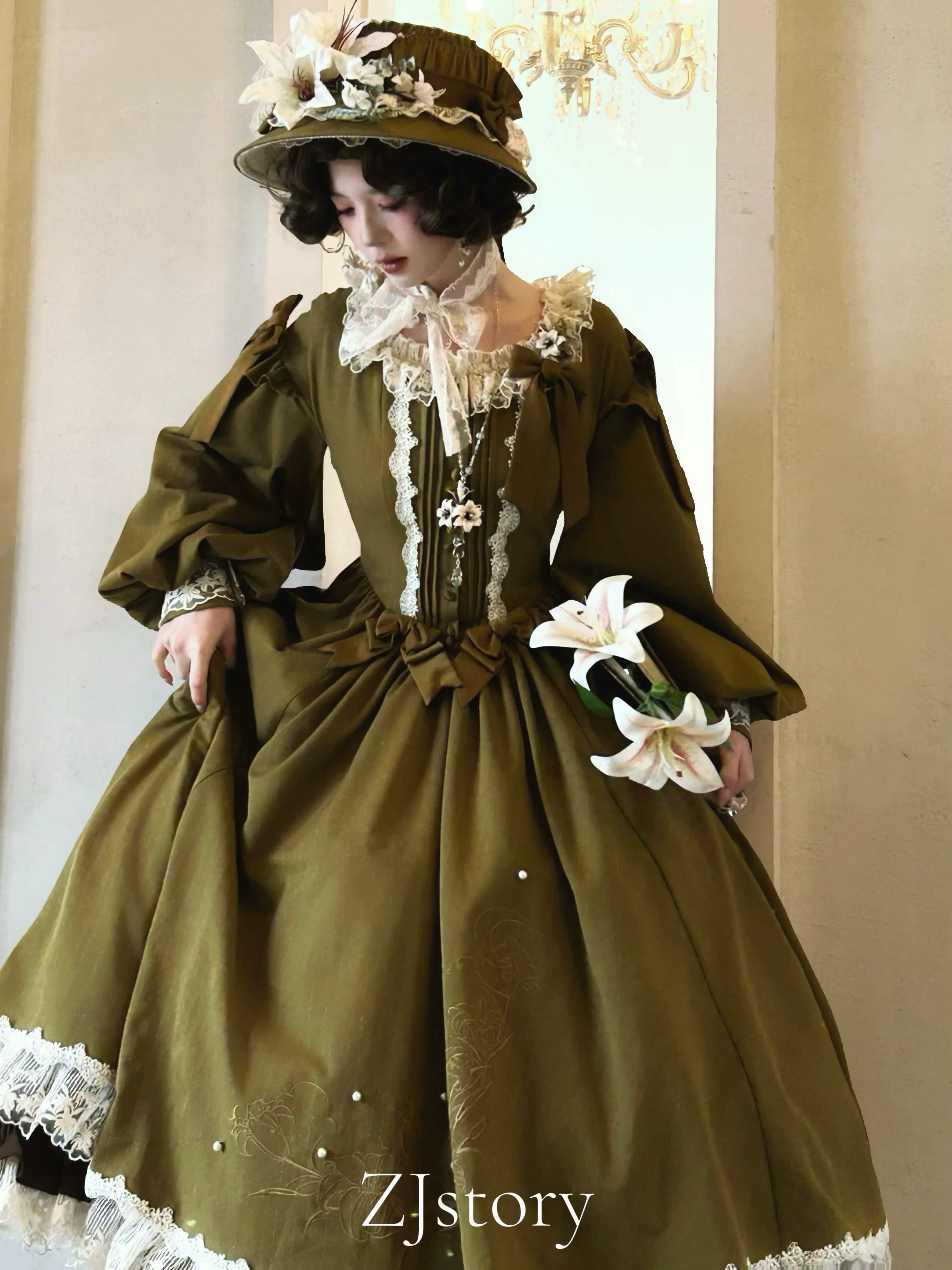Embroidered Classic Lolita OP Dress, Lace Trim Shirt and Accessories - image 1