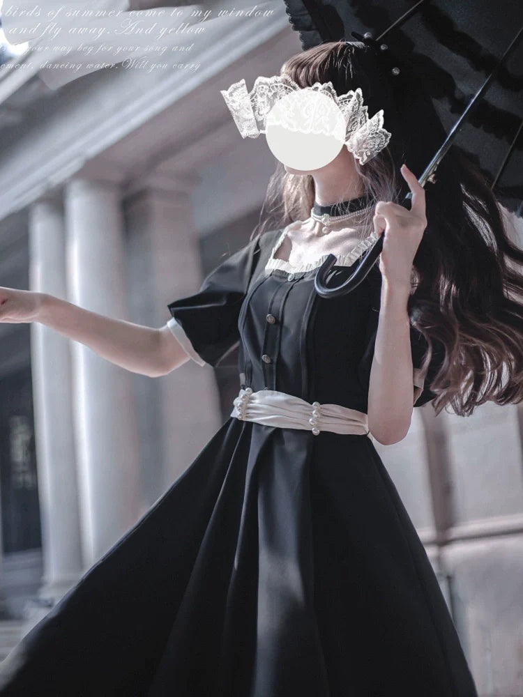 Thoughts - Vintage Black Lolita OP Dress with Square Neckline - image 10