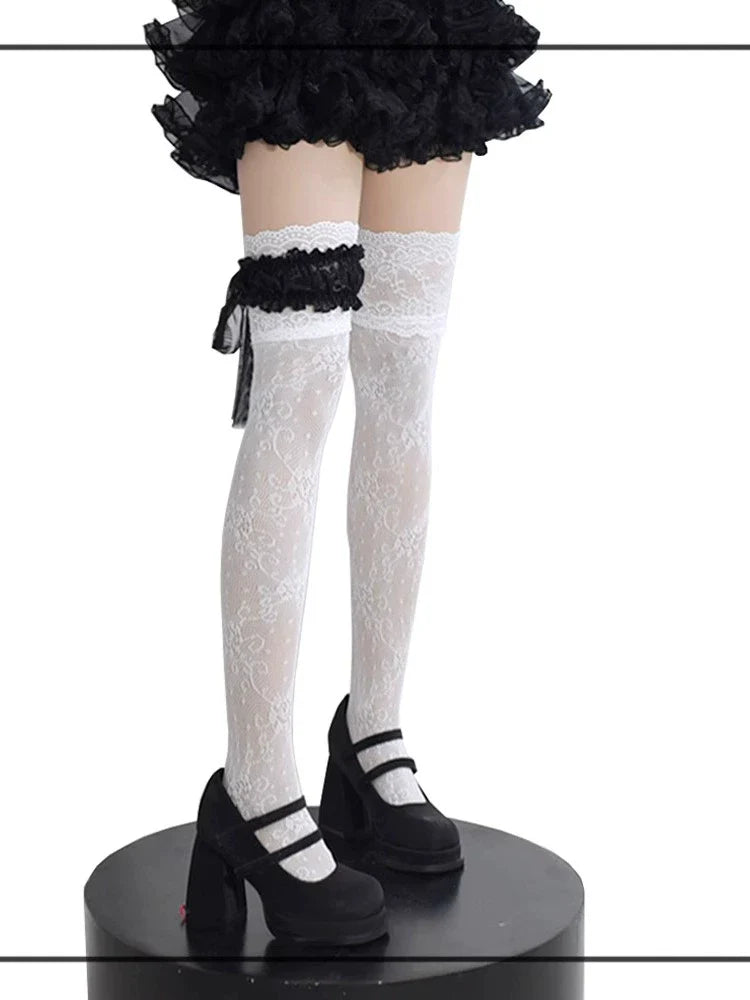 Wuxiaoliu Gothic Lolita Lace Stockings with Bow Garter - image 2