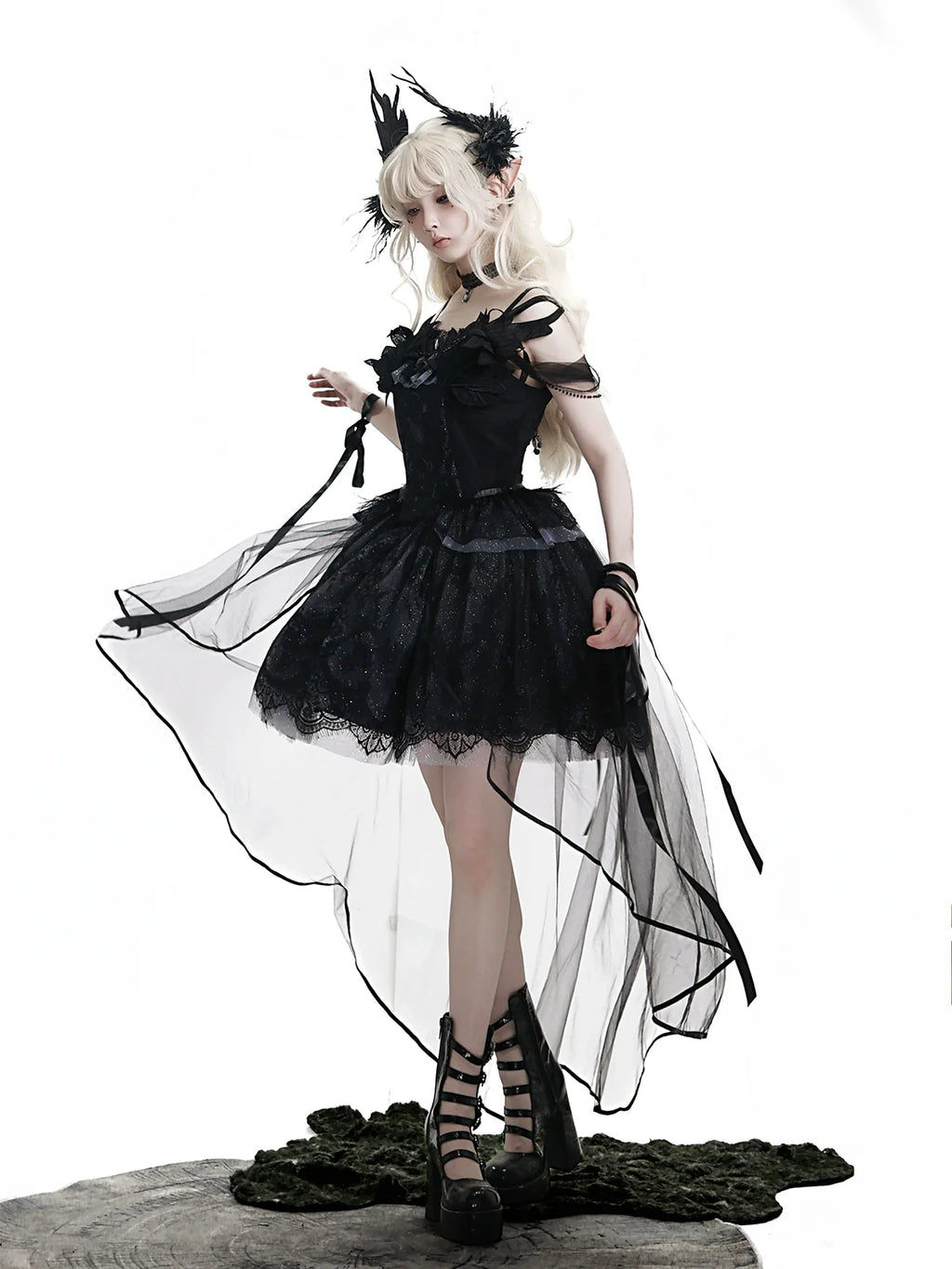 Star Swan Dream - Black Gothic Lolita JSK Dress, Swan Embroidery - image 11