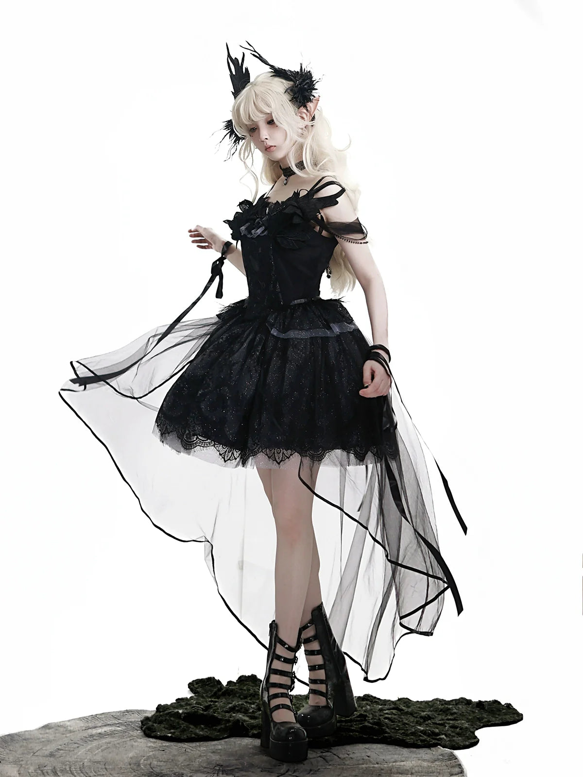 Star Swan Dream - Black Gothic Lolita JSK Dress, Swan Embroidery - image 11