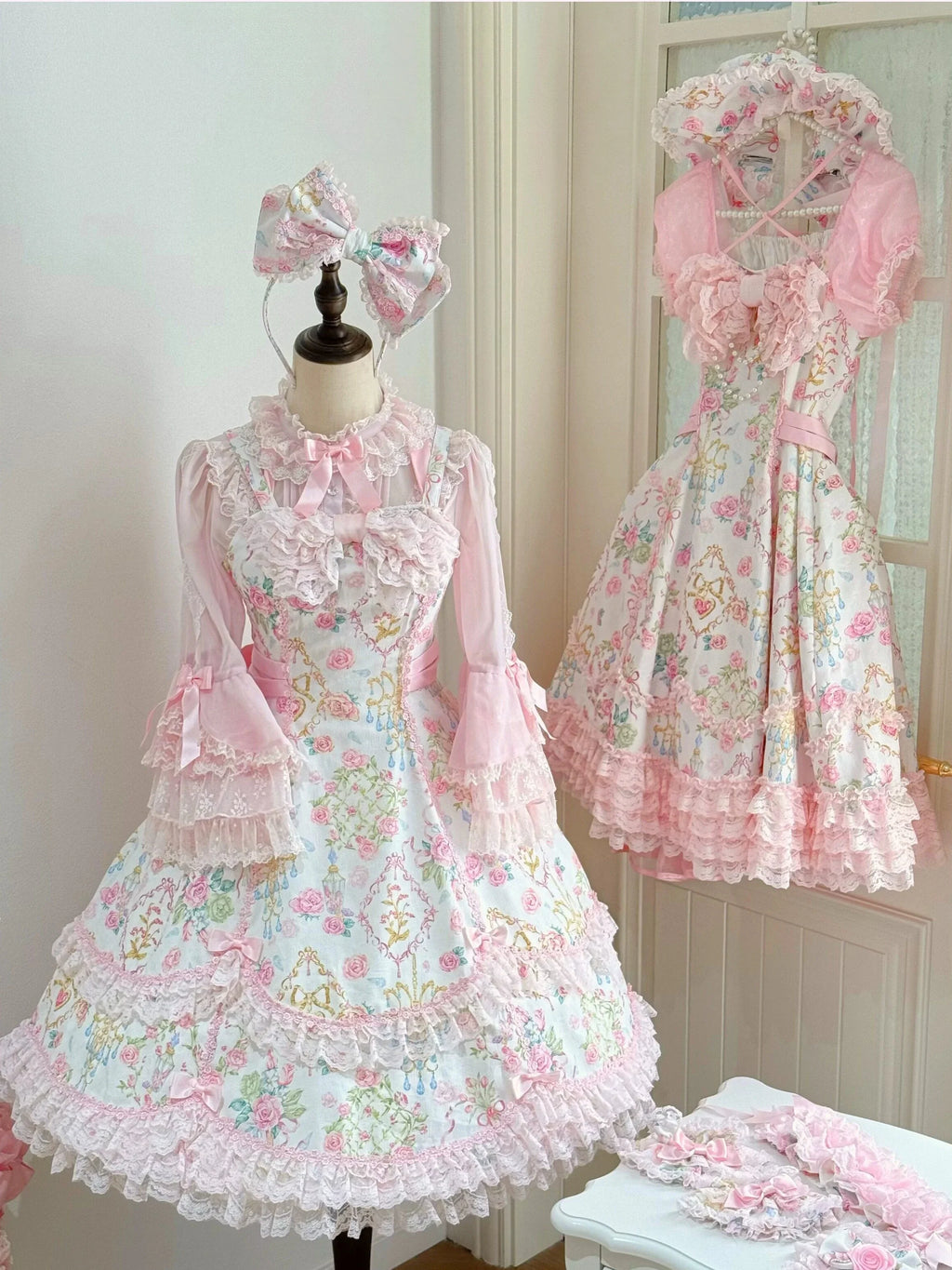 Spring 2025 Vintage Flower Wall Chandelier Rose Print Sweet Lolita JSK Dress and Accessories - image 7