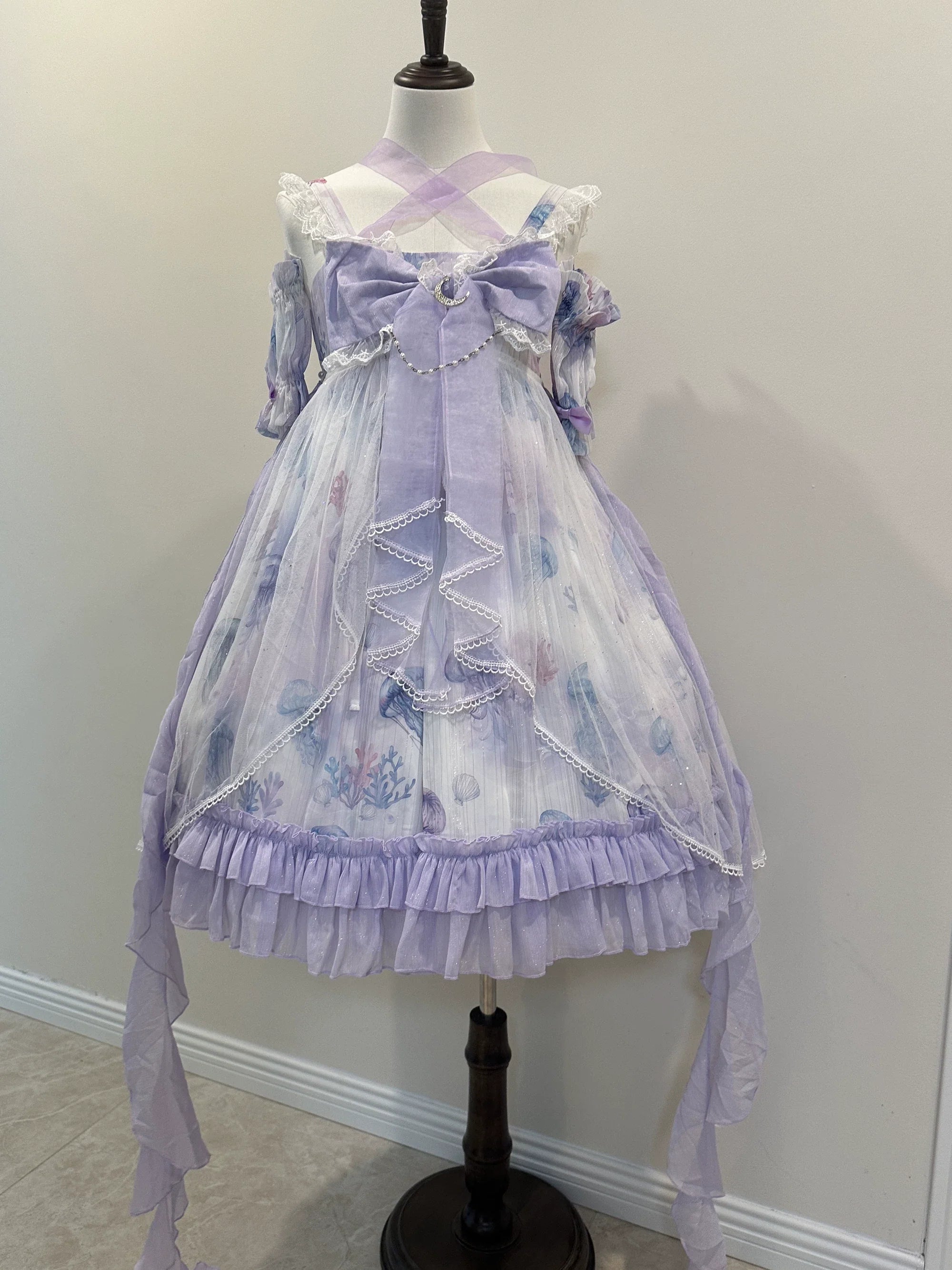 Coral Jellyfish - Sweet Lolita High-waist JSK Dress, Jellyfish & Coral Print and Accessories - image 3