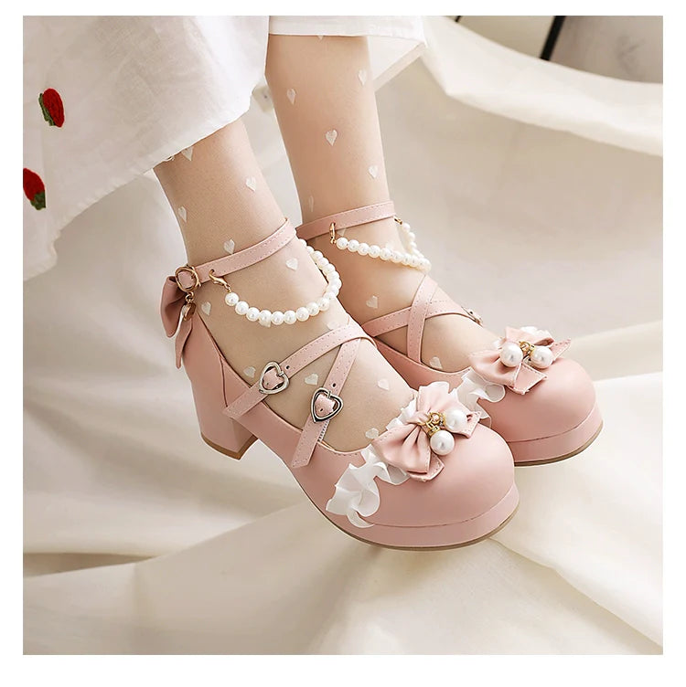 Round Toe Sweet Lolita Shoes, Detachable Pearl Chain - image 13
