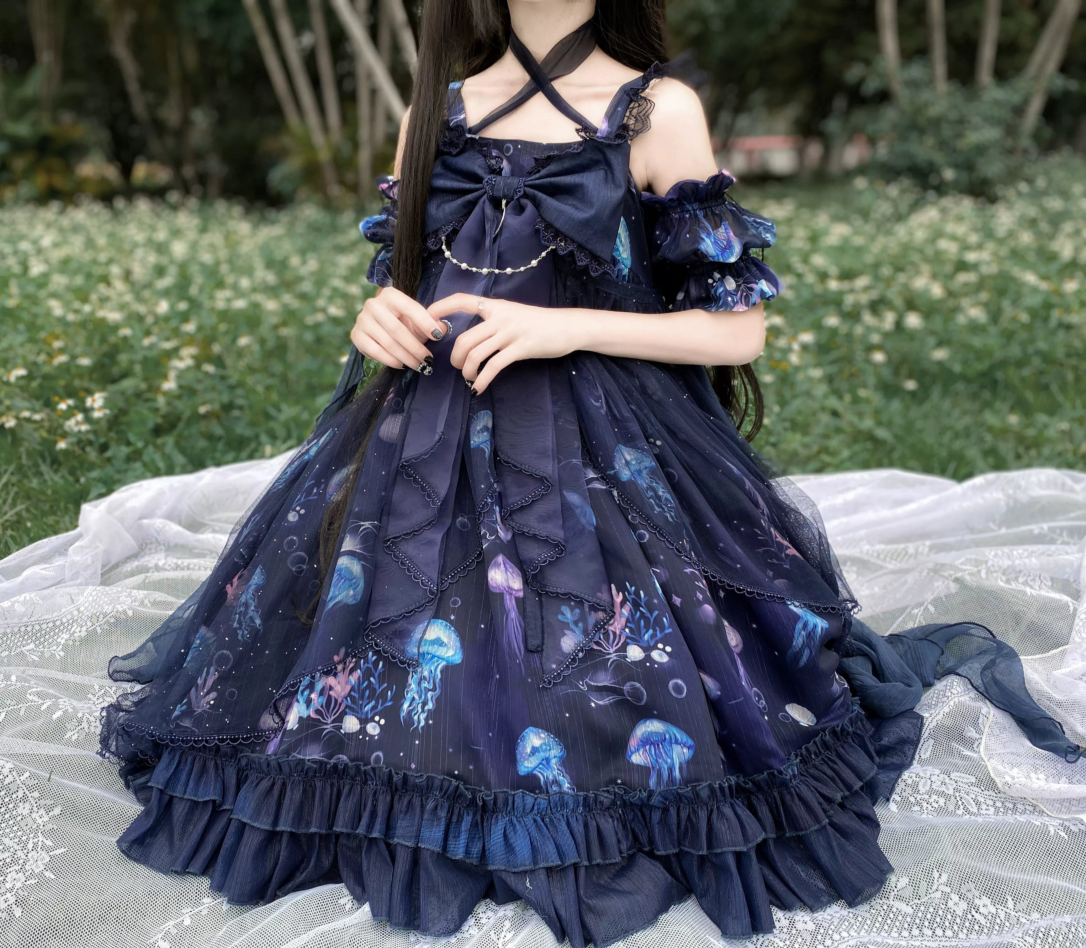 Coral Jellyfish - Sweet Lolita High-waist JSK Dress, Jellyfish & Coral Print and Accessories - image 26
