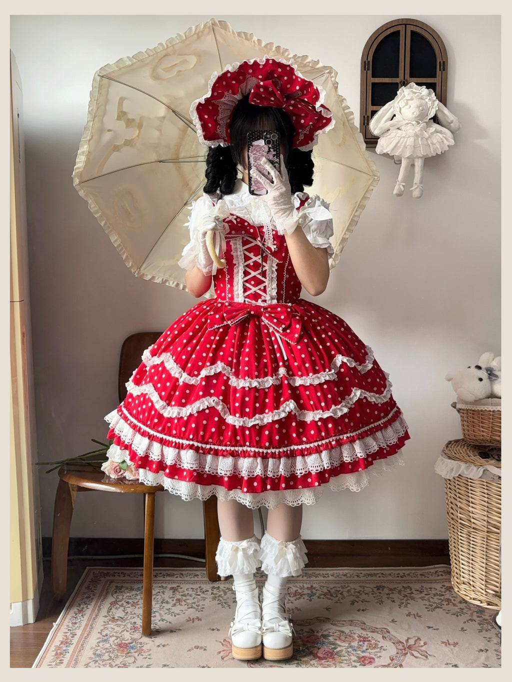 Polka Bailys - Old School Lolita JSK Suit, Red White Polka Dot Dress - image 3