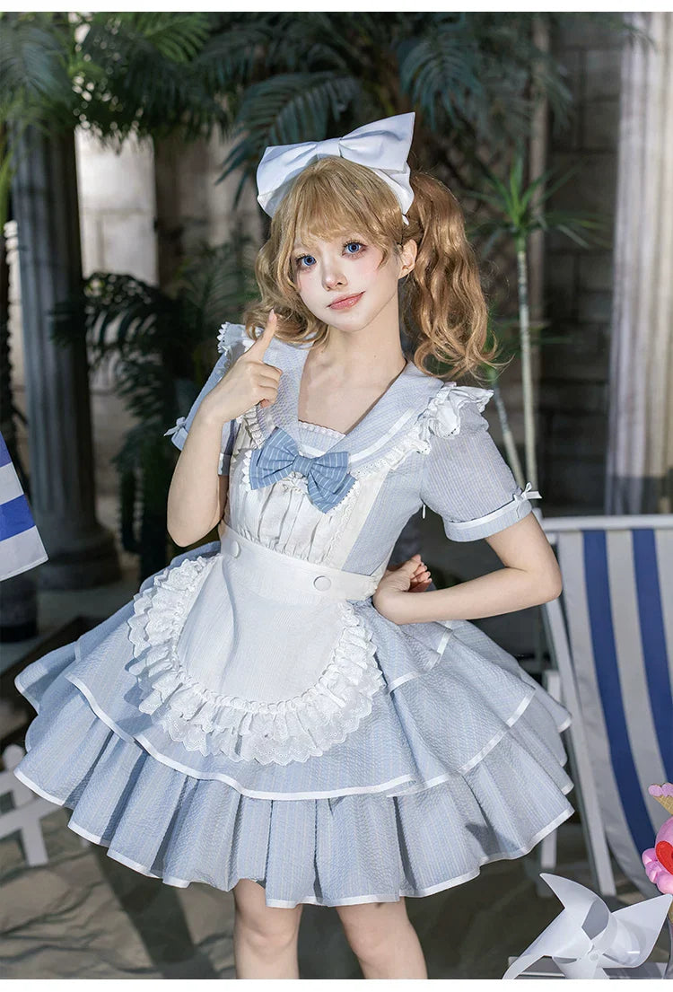 Seven-Day Bell - Blue Classic Lolita Striped OP Dress, Sailor Collar - image 21
