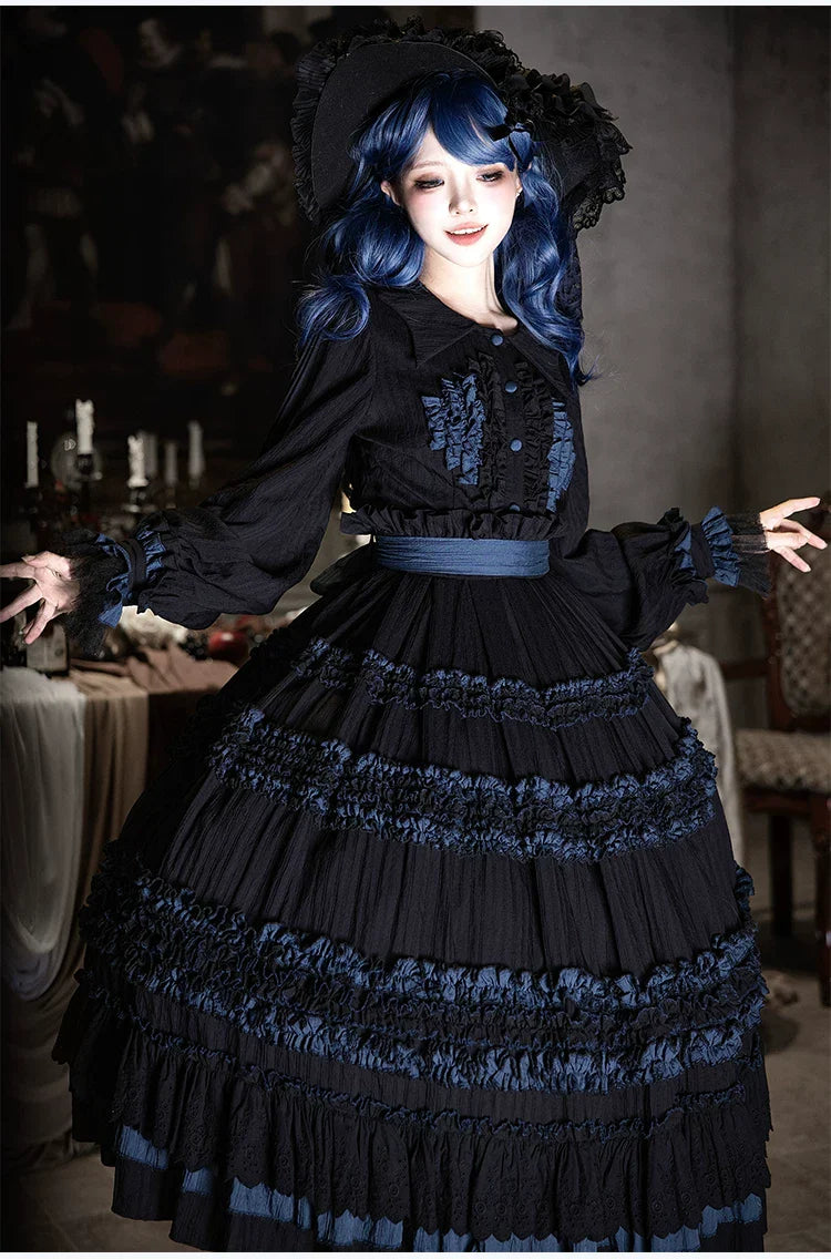 Wings and Bouquet - Dark Classic Lolita Blouse and SK Set, Layered Blue Ruffles - image 11