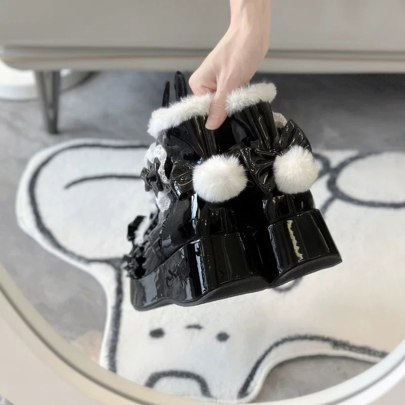 Bunny Tail - Fuzzy Kawaii Lolita Snow Boots, Detachable Plush Bow - image 3