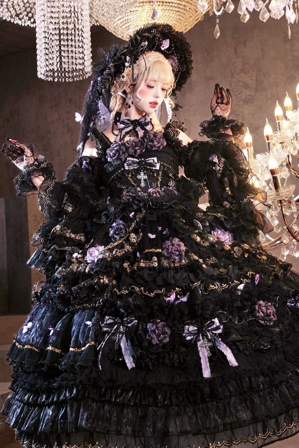 Moonlit Butterfly Dance Black Tiered Gothic Lolita JSK Dress Set - image 8