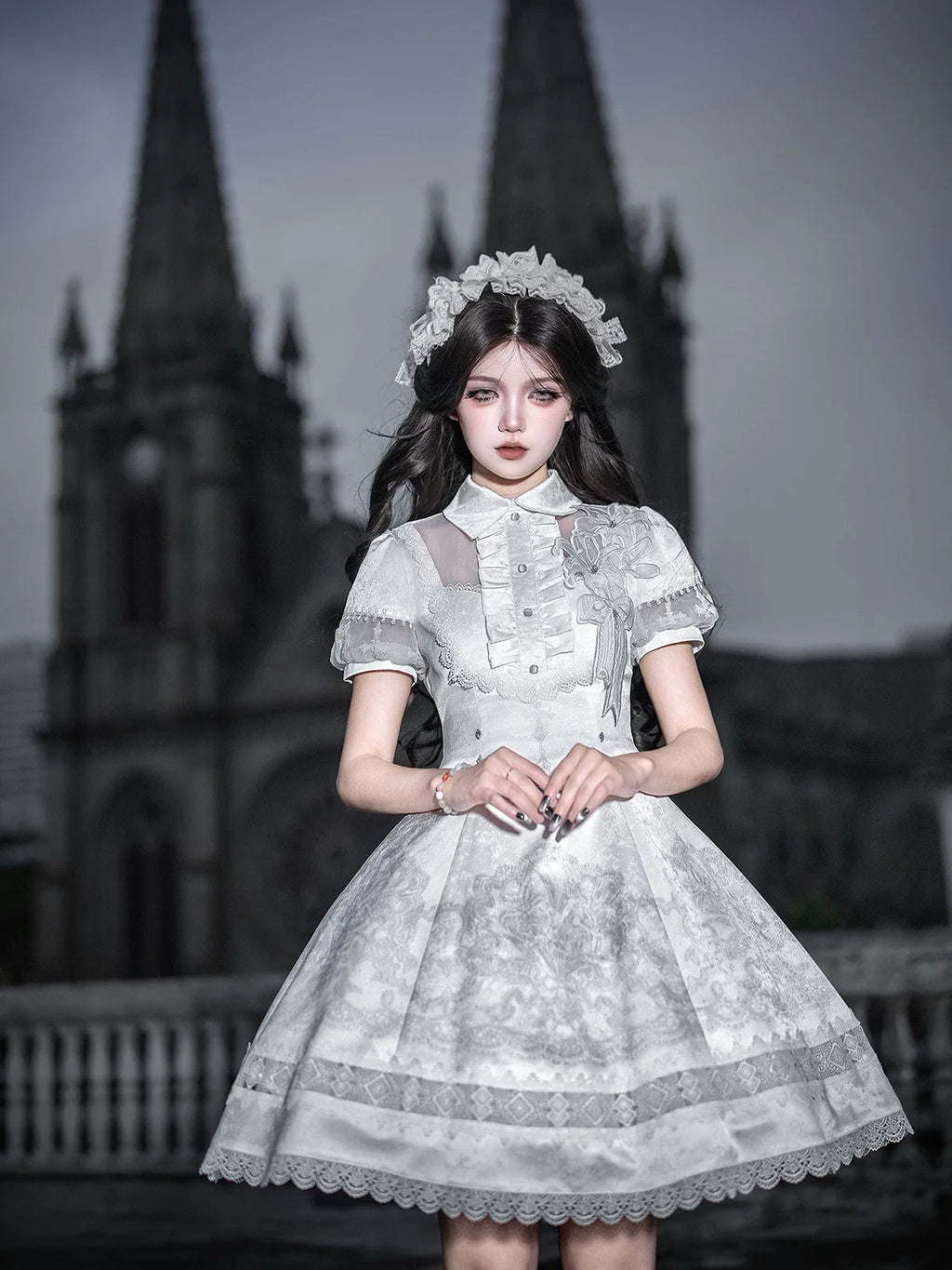 White Classic Lolita Printed OP Dress with Cross - image 1
