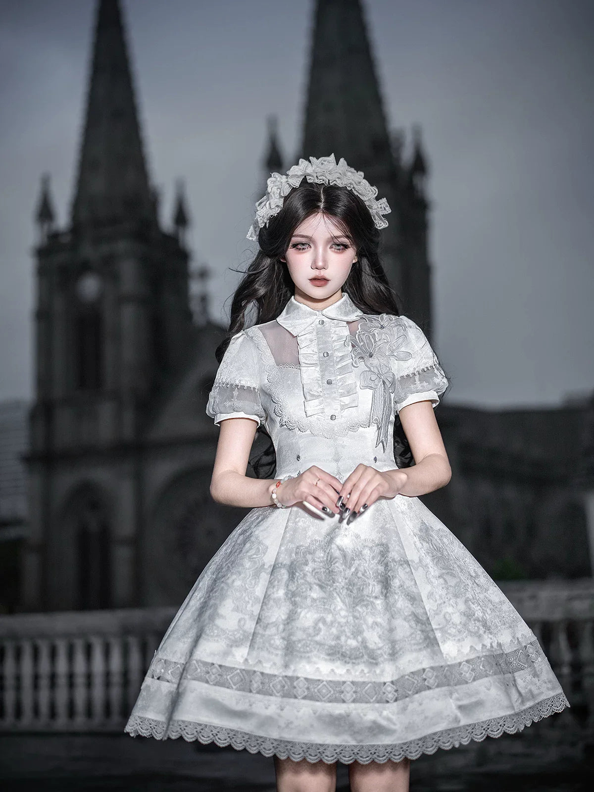 White Classic Lolita Printed OP Dress with Cross - image 1