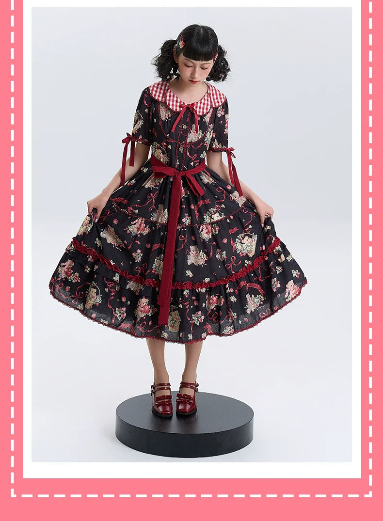 The Bear's Strawberry Field - Daily Lolita OP Dress With Petal Collar & Bear Strawberry Print and Accessories - image 14