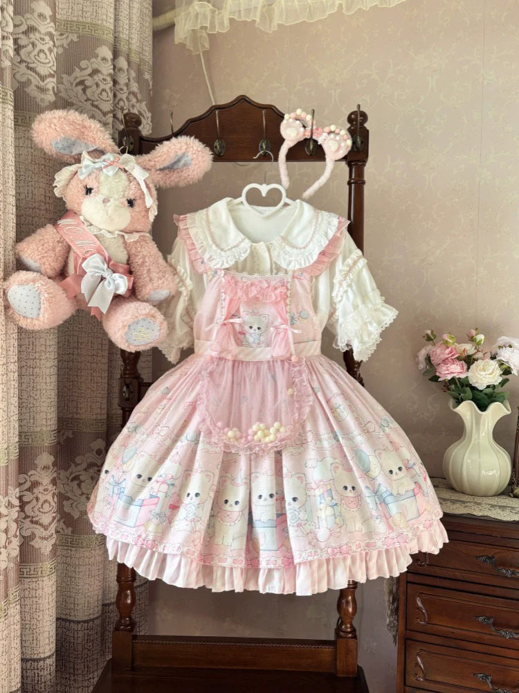 Meow Pompom - Sweet Lolita Salopette Dress Suit, Cat Print - image 19