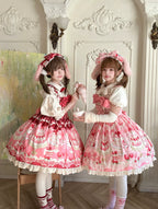 Strawberry Cake - Printed Sweet Lolita JSK Dress, Plush Bunny Ear KC - image 3