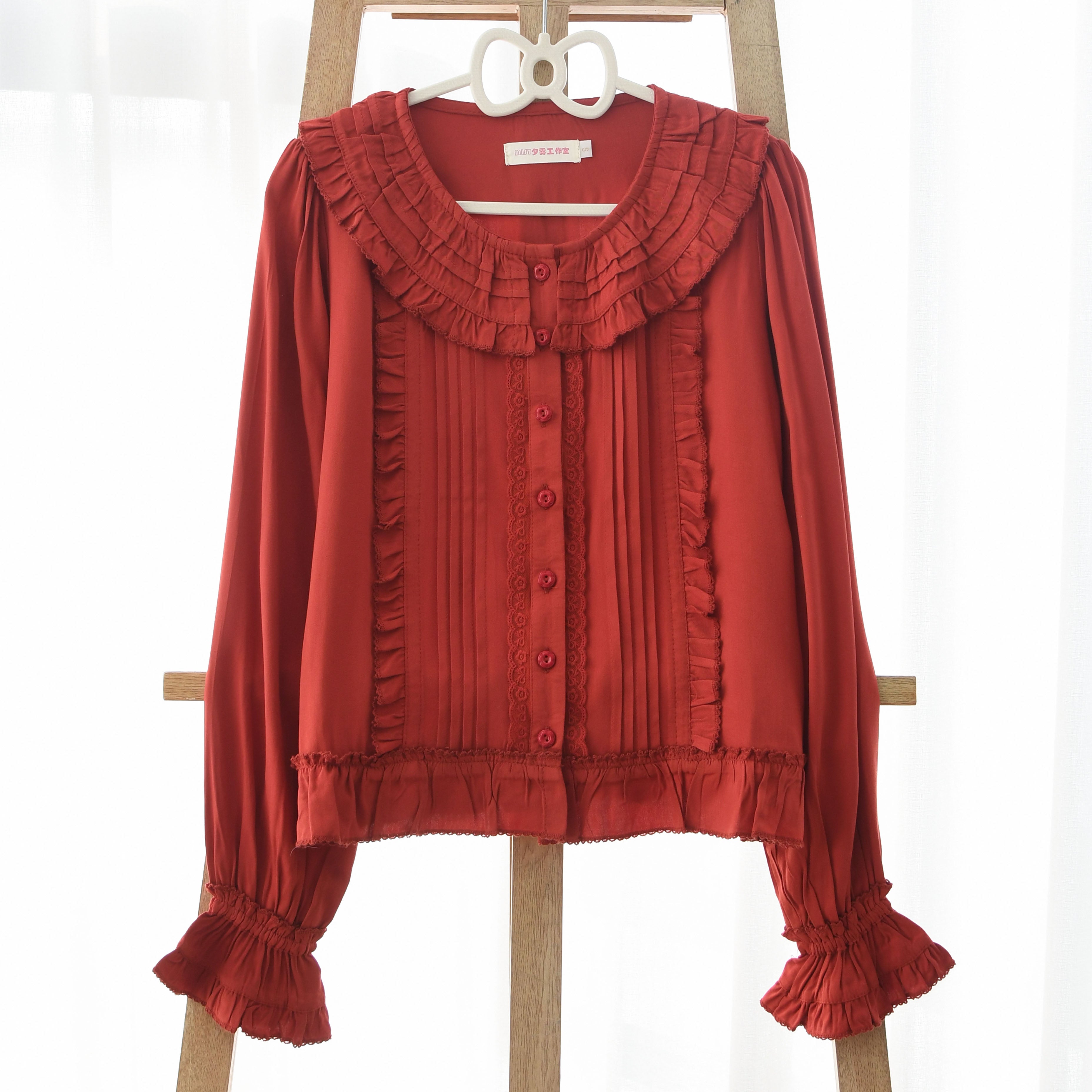 Wine Drunk Rose - Sweet Cotton Lolita Blouse with Ruffles and Pleats - image 7