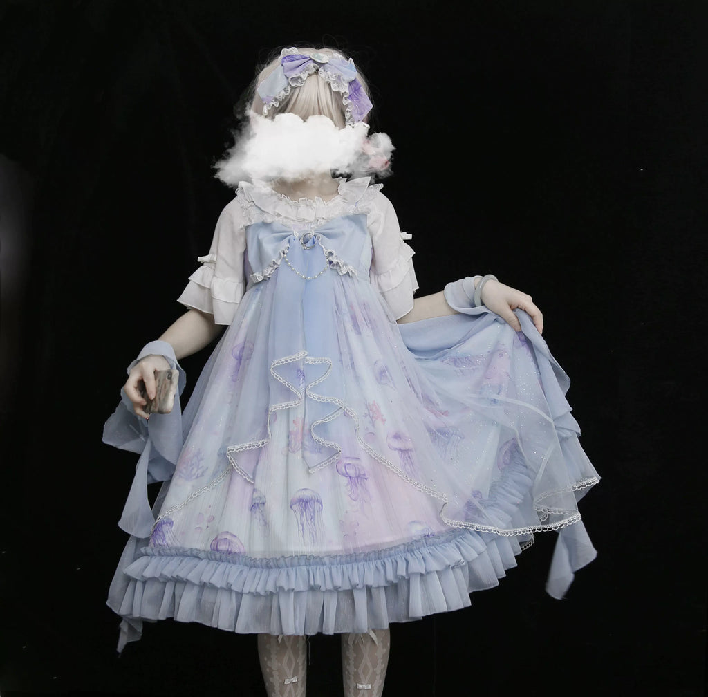 Coral Jellyfish - Sweet Lolita High-waist JSK Dress, Jellyfish & Coral Print and Accessories - image 56