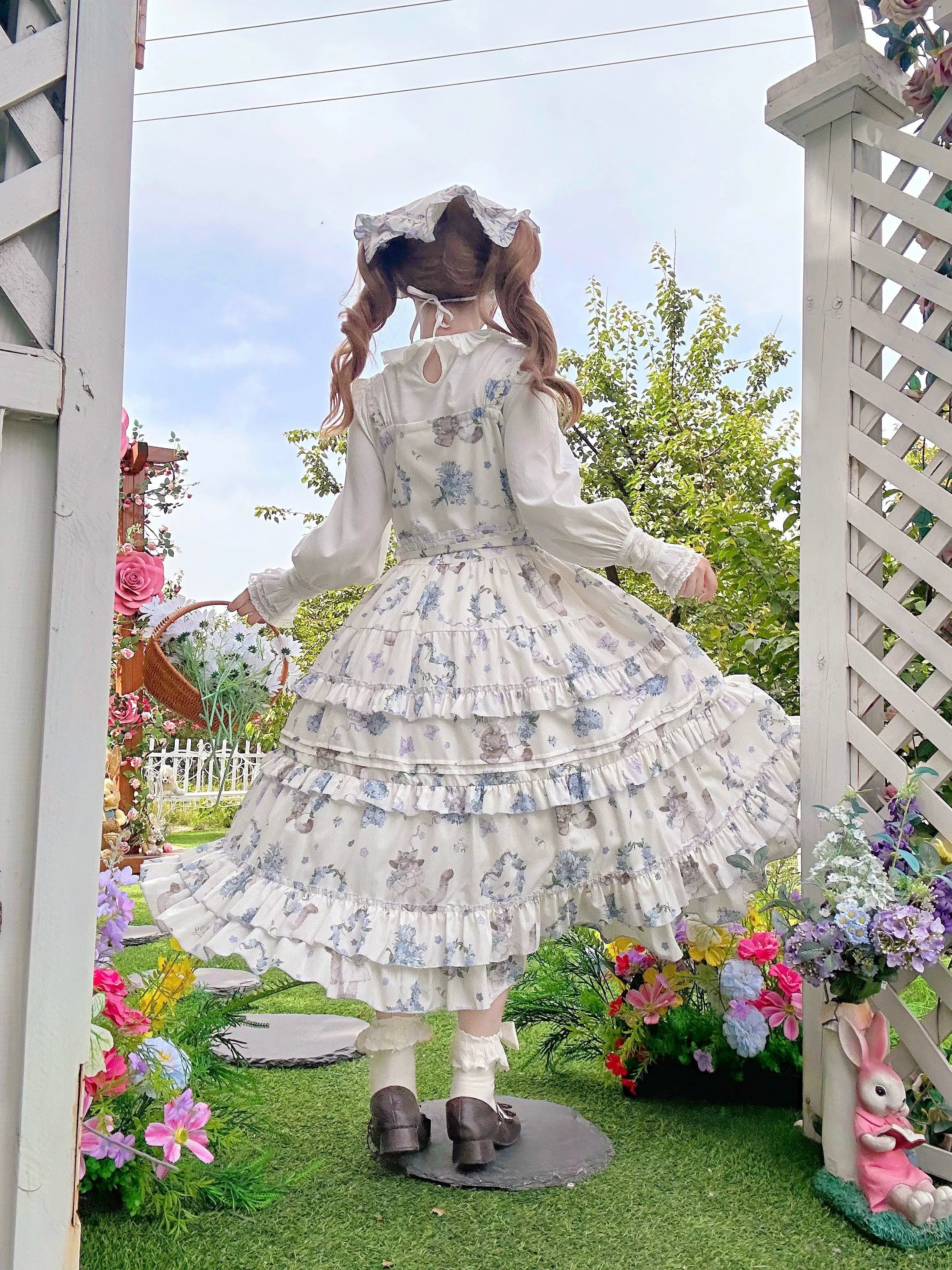 Meow Wreath - Classic Lolita Button Closure JSK Dress, Cat and Wreath Print - image 3