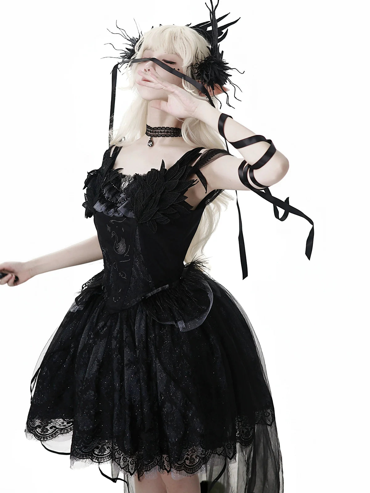 Star Swan Dream - Black Gothic Lolita JSK Dress, Swan Embroidery - image 18